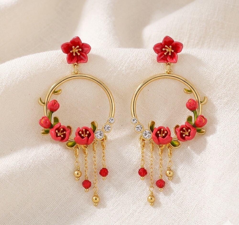 Flower Hoop Earrings CZ Cottagecore Boho Wreath Chain Floral French Designer
